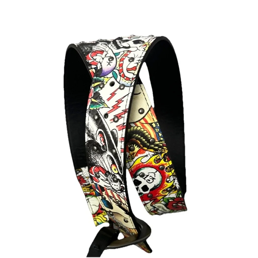 Ed Hardy Men's Skull Tiger Panther Print Belt With‎ Hammered Rivet Studs SZ 38